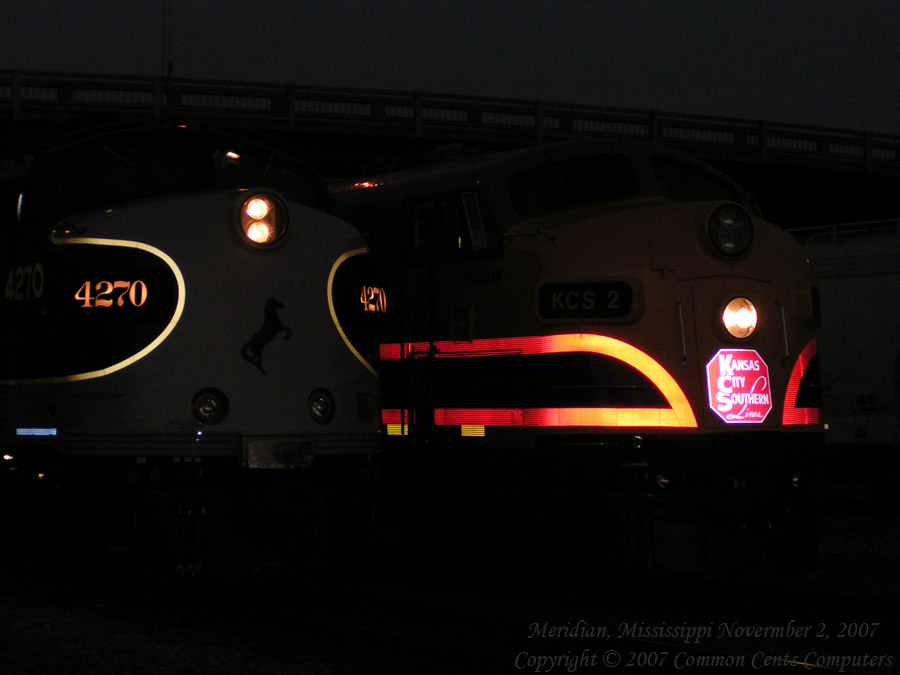 Two EMD F Units side by side Norfolk Southern 4270 Kansas City Southern KCS2 Night shot 