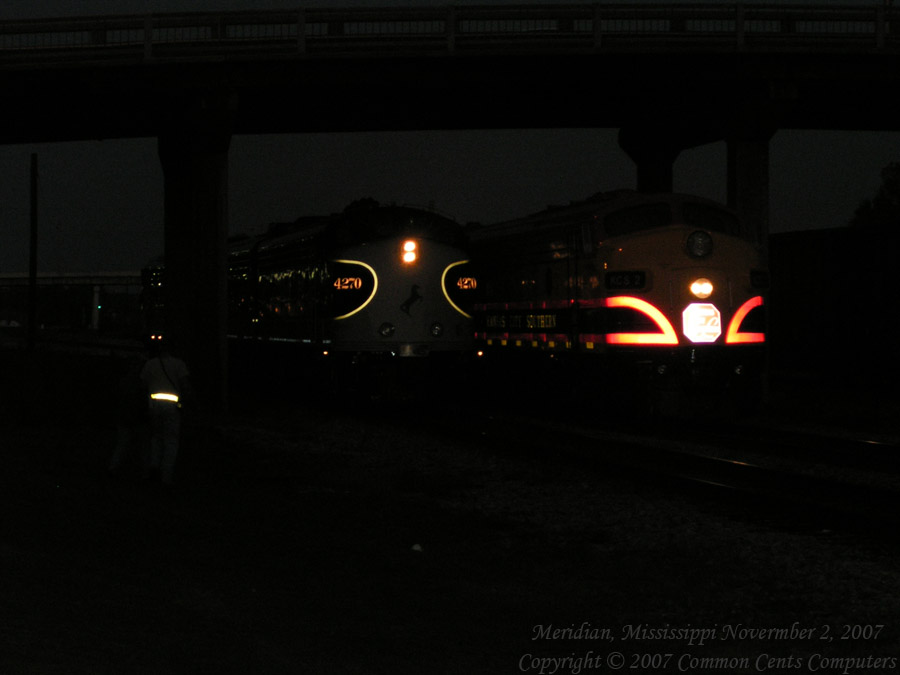 Two EMD F Units side by side Norfolk Southern 4270 Kansas City Southern KCS2 Night shot underway